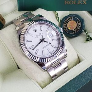 Rolex Datejust II Big 41mm Super Case White Stick Dial 18k Gold Fluted Bezel Rehaut Random Series Open Name Green Card